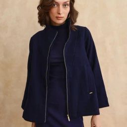RAREISM Navy Tweed Solid Short Sleeves Jacket-image-99