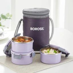 Borosil Stainless Steel Lavender Lunch Boxes with Bag & Microwave Oven Safe ( Set of 3 )-image-87