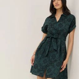 LOV by Westside Teal Embroidered A-Line Cotton Shirt Dress with Belt-image-75