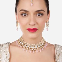 Zaveri Pearls Pink Kundan Artificial Stones & Beads Necklace Earring & Maangtikka Set for Women-image-83