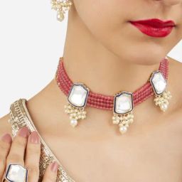 Zaveri Pearls Pink Crystal Multistrand Artificial Stones Pearl Necklace Earring & Ring Set for Women-24