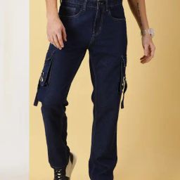 Thomas Scott Dark Blue Slim Fit Lightly Washed Cargo Jeans-image-86