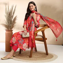 MOKOSH Floral Printed Sequinned Straight Kurta With Trouser And Dupatta image 4