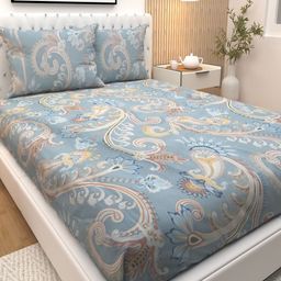 Athom Living Blue & Brown Printed Cotton 180 TC Double Queen Bedsheet Set-2.24 m x 2.44 m-image-77
