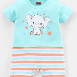 Babyhug 100% Cotton Knit Half Sleeves Striped Romper Elephant Print - Blue-image-75