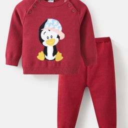 Kookie Kids Full Sleeves Sweater Set Penguin Design- Red-image-27
