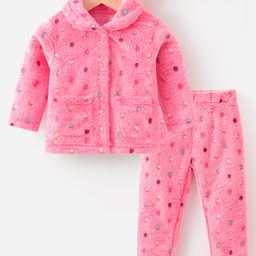 Kookie Kids Full Sleeves Polka Dots Embroidered Winter Wear Night Suit - Pink-image-31