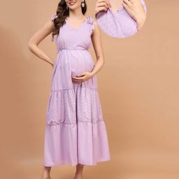 Sleeveless Shoulder Tie Up Detail Abstract Printed Tiered Maternity Maxi Dress - Lavender Purple-image-1