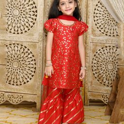 Saka Designs By Sapna Half Puffed Sleeves Leaf Swirl Foil Printed & Gota Lace Embellished Kurta & Sharara Set - Red & Golden-image-23