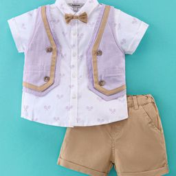 ToffyHouse Half Sleeves Badminton Printed Shirt & Shorts With Bow & Checkered Waistcoat - Purple-picture-14