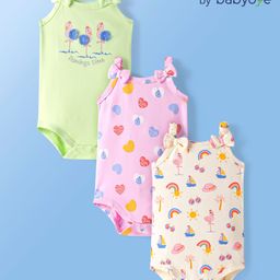 Babyoye Cotton Knit Singlet Sleeves Onesies with Beach Theme Print & Bow Applique Pack of 3 - Pink Cream & Light Green-image-71