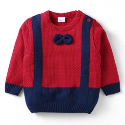 Babyhug Knit Full Sleeves Pullover Sweater With Bow Applique - Red-image-38