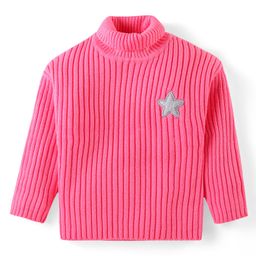 Babyhug Knit Full Sleeves Solid Colour Turtle Neck Sweater with Star Applique - Pink-picture-28