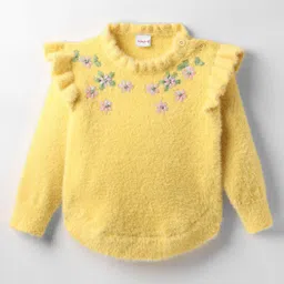 Babyhug Knitted Full Sleeves Pullover Sweater With Floral Embroidery & Frill Detailing - Yellow-picture-5