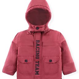Babyhug Woven Full Sleeves Solid Jacket with Detachable Hood & Text Print - Rust-16