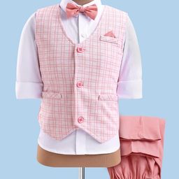 Mark & Mia Cotton Woven Full Sleeves Checkered 3 Piece Party Suit With Bow - Pink-image-47