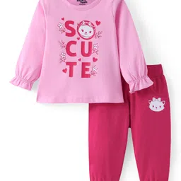 Doodle Poodle Cotton Knit Full Sleeves T-Shirt & Lounge Pants Set With Kitten Print - Pink-picture-9