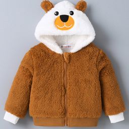 Kookie Kids Full Sleeves Hooded Winter Jacket with Bear Embroidery and Ears Applique - Brown-88