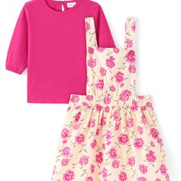 Babyhug Cotton Knit Floral Printed Frock with Full Sleeves Solid T-Shirt - Dark Pink-image-6