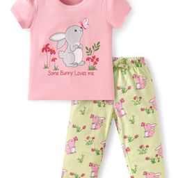 Babyoye Eco Conscious 100% Cotton Knit Half Sleeves Night Suit with Bunny & Butterfly Print - Pink & Light Green-image-43