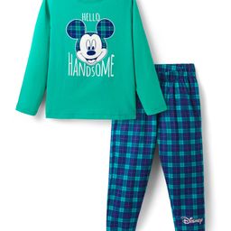 Pine Kids Disney Single Jersey Knit Full Sleeves Nightsuit With Mickey Mouse Graphic - Green & Navy Blue-image-76