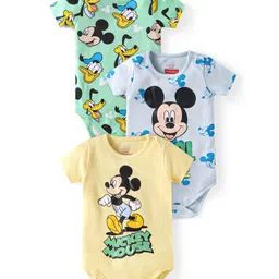 Babyhug Disney Interlock Knit Half Sleeves Onesies With Mickey Mouse Graphics Pack of 3 - Yellow Grey & Green-picture-12