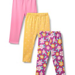 Babyhug Cotton Knit Full Length Leggings With Floral & Polka Dot Print Pack Of 3 - Yellow Pink & Plum-image-33