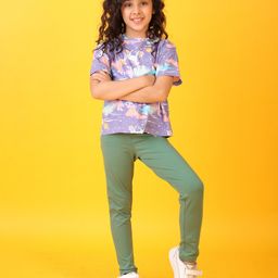 Anthrilo Cotton Blend Half Sleeves Unicorn Printed Tee & Leggings Set - Purple & Green-image-35