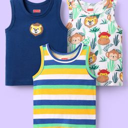 Babyhug 100% Cotton Knit Antibacterial Sleeveless Sandos With Stripes & Animal Print Pack Of 3 - Navy Blue White & Yellow-image-18