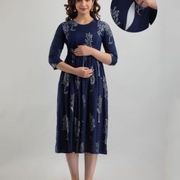 CeleBravo Rayon Three Fourth Sleeves Leaves Motifs Printed Maternity Dress With Nursing Access - Blue-image-102