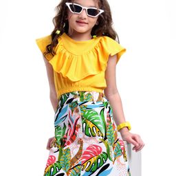 Ollington St. Cotton Knit Cap Sleeves Top & Twill Lycra Leaf Printed Skirt Set - Yellow & Multicolor-image-80