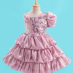 Enfance Half Sleeves Floral Applique Detailed & Sequin Embellished Knee Length Layered Balloon Dress - Onion Pink-image-49