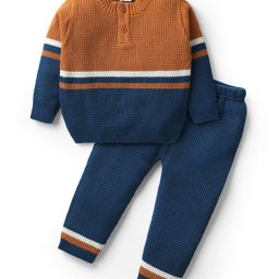 Babyhug Knitted Full Sleeves Sweater Set with Henley Neck & Color Block Design - Ochre Brown & Navy Blue-image-26