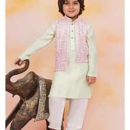 KID1 Silk Woven Full Sleeves Solid Kurta Pyjama With Threadwork Embroidered Mirror Work Detailed & Sequins Embellished Jacket Set - Pink & Green-image-100