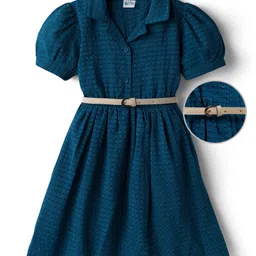 Hola Bonita Woven Texture Half Sleeve Texture Solid Frock with Belt - Teal Blue-picture-47