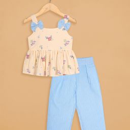 Budding Bees Cotton Woven Sleeveless Floral Printed Bow Applique Detailed Top & Striped Pant Set - Cream-image-5