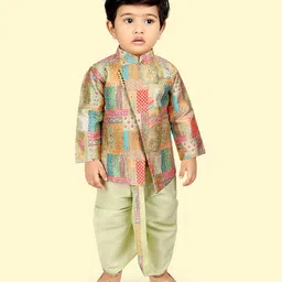 little desi Cotton Silk Woven Full Sleeves Ethnic Printed Kurta Dhoti Set - Green-picture-26