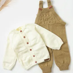 The Original Knit Full Sleeves Self Designed Sweater & Dungaree Set - Off White & Beige-picture-0