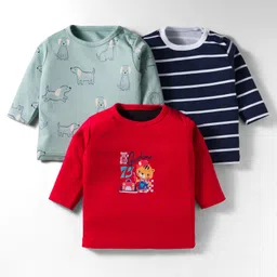 Kidi Wav Pack Of 3 Full Sleeves Striped & Puppies Printed Tees - Multi Colour-picture-4
