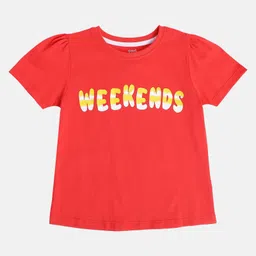 MINI KLUB Cotton Knit Half Puffed Sleeves Weekends Text Printed Top - Red-picture-37