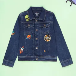 Kiddopanti Denim Woven Full Sleeves Space Themed Patch Detailed Jacket - Blue-picture-6