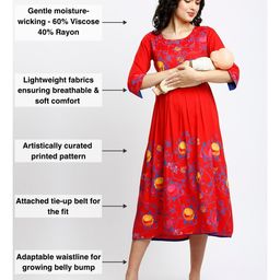 Dummy Shape Three Fourth Sleeves Floral Printed Flared Maternity Kurta With Concealed Zipper Nursing Access - Red image 3
