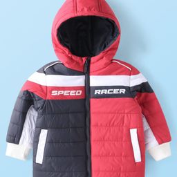 Babyhug Woven Full Sleeves Hooded Padded Jacket With Text Print & Colour Block Design - Red & Navy Blue image 3
