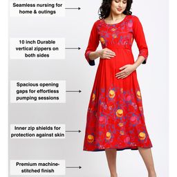 Dummy Shape Three Fourth Sleeves Floral Printed Flared Maternity Kurta With Concealed Zipper Nursing Access - Red image 4