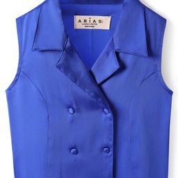 arias by lara dutta Arias Satin Lycra Woven Sleeveless Front Open Collared Top & Layered Printed Power Mesh Skirt Set - Blue image 3