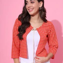 DECKEDUP Orange Cotton Checks Crop Shrug-image-47