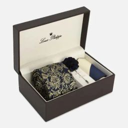 Louis Philippe Black Embroidered Tie with Pocket Square & Lapel Pin-17
