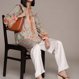 Ritu Kumar Print Tie-Up Neck Puff Sleeve Ruffles Ethnic Longline Top-picture-36