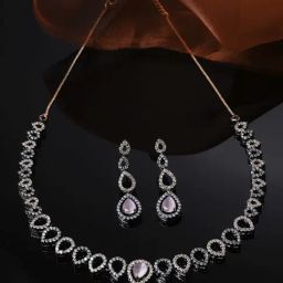 Zeneme Rose Gold Plated American Diamonds Studded Spheroid Necklace and Earrings Set-image-43