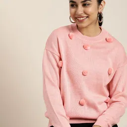 HERE&NOW Solid Pom-Pom Detail Pullover Sweater-image-63
